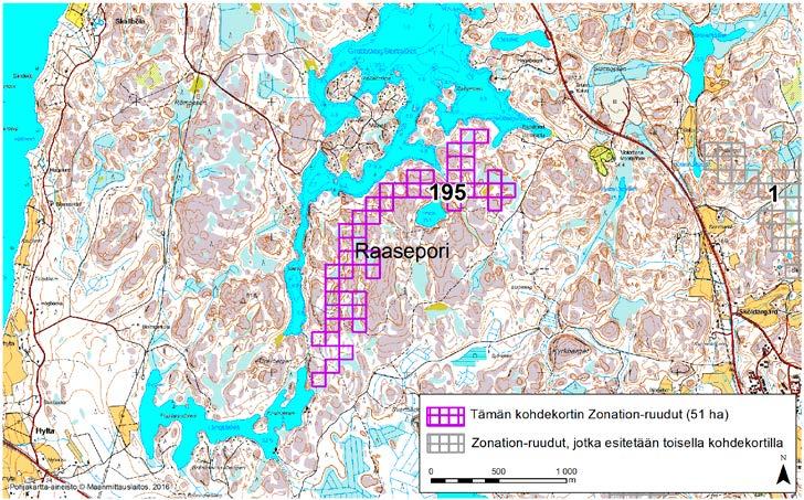Raasepori, Zonation-aluetunnus 195 RAASEPORI (195) Alue sijaitsee Raaseporin keskiosassa noin 5,5 kilometriä Tammisaaren keskustasta luoteeseen, rauhallisen Grabbskog Storträsketin itä- ja