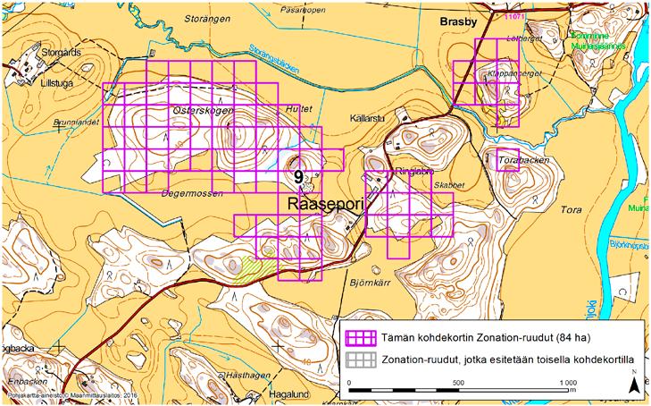 Raasepori, Zonation-aluetunnus 9 RAASEPORI (9) Alue sijaitsee Raaseporin pohjoisosissa Brasbyn kylän lounaispuolella ja Kasabyn kylän koillispuolella peltovaltaisella alueella, jossa on
