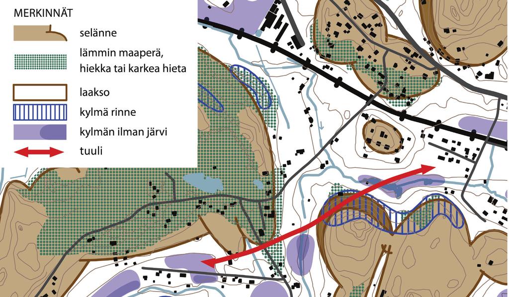 1 Suunnittelun lähtökohdat paikallis- ja pienilmaston analyysi Ote paikallis- ja pienilmaston analyysista Pinnanmuodoiltaan ja kasvillisuudeltaan vaihteleva alue on pääosin