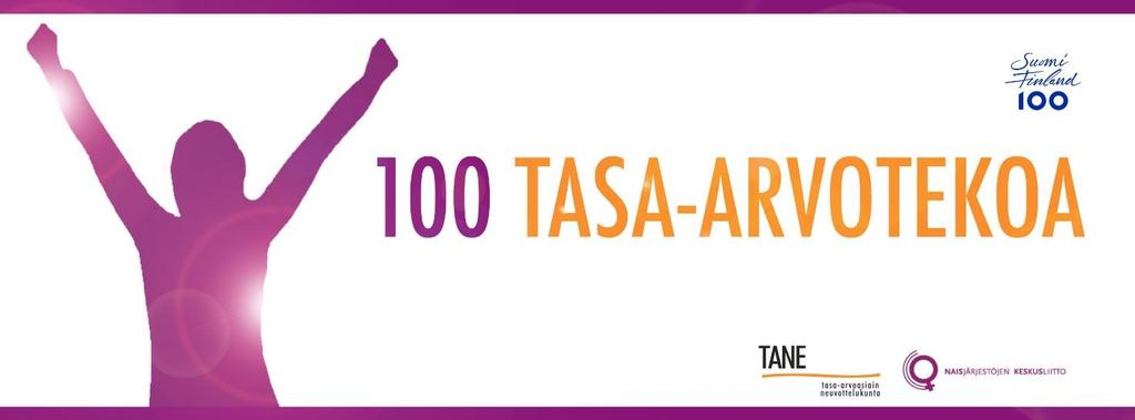 100 tasa-arvotekoa 6.10.2017 Kunniatoimikunnan kokous Aika: keskiviikko 25.10.2017 kello 17.00 19.00 Paikka: Eduskuntatalo, puhemiehen edustustila Ohjelma: 17.