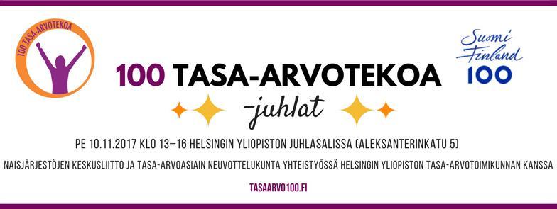 100 tasa-arvotekoa -juhlat Aika: perjantai 10.11.2017 kello 13.00 16.00 Paikka: Helsingin yliopisto, juhlasali OHJELMA 12.30 Ilmoittautuminen alkaa 13.