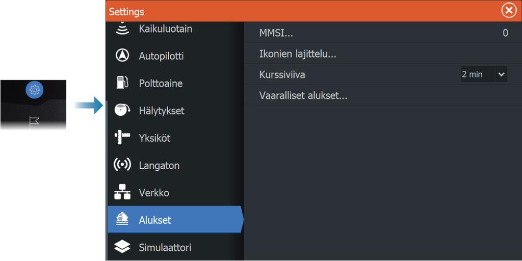 Aluksen asetukset MMSI Käytetään oman aluksen MMSI (Maritime Mobile Service Identity) - numeron syöttämiseen järjestelmään.