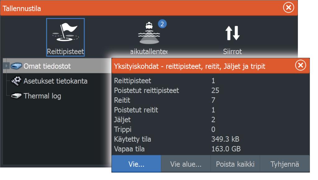 Reittipisteet Tallennustila-valintaikkunan Reittipisteet-vaihtoehdon avulla voi hallita reittipisteiden tallennusta.