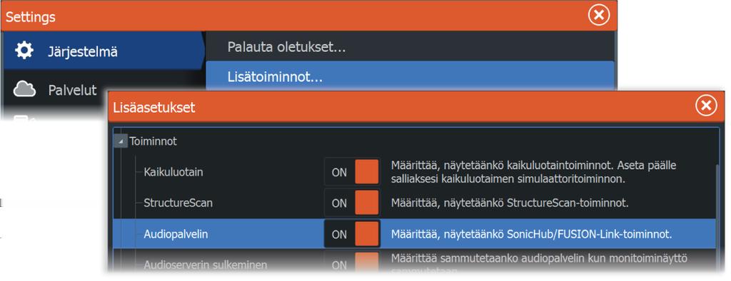 Ominaisuuksien ottaminen käyttöön ja niiden poistaminen käytöstä Järjestelmän pitäisi automaattisesti tunnistaa yhteensopiva, NMEA 2000 -verkkoon yhdistetty laite.