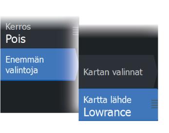 laitteeseen tai käyttäjä vaihtaa esiladatut kartat käyttöön manuaalisesti. Kartan lähteen valinta Valikossa on luettelo käytettävissä olevista karttalähteistä.