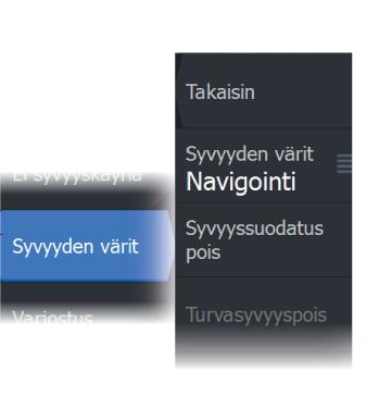 Ei syvyyskäyriä Poistaa syvyyskäyrät kartasta. Syvyyden värit Määrittää kartassa käytettävän syvyyspaletin. Syvyyssuodatus Suodattaa näkyvistä ne syvyydet, jotka ovat määritettyä arvoa matalampia.