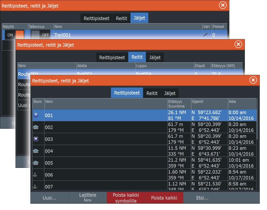 6 Reittipisteet, reitit ja jäljet Reittipisteiden, reittien ja jälkien valintaikkunat Reittipisteiden, reittien ja jälkien valintaikkunoissa on lisää näille kohteille suunniteltuja muokkaustoimintoja
