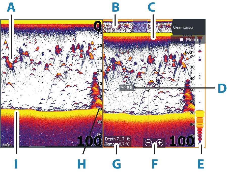 8 Kaikuluotain Kaikuluotaintoiminto tuottaa näkymän siitä, miltä vesi ja pohja näyttävät aluksen alapuolella. Sen avulla on helppo havaita kalat ja tutkia pohjan rakennetta.