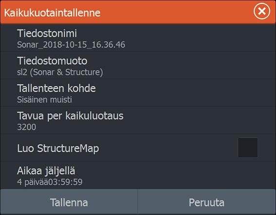 Kun käynnistät tallennuksen, näyttöön avautuu Tallenna kaikuluotaintiedot -valintaikkuna, jossa määritetään tallennusasetukset. Tiedostonimi Määritä lokitiedoston (tallenteen) nimi.