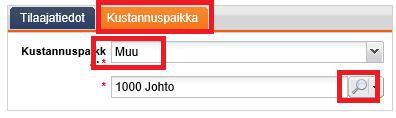 Osasto osioon tulee automaattisesti osastotieto sekä kustannuspaikkatieto, jotka on kytketty henkilön taakse, tämän tiedon voi vaihtaa suurennuslasi painikkeen takaa.