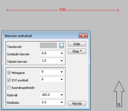 Ikkunan asetukset Tässä kohdassa voit määritellä käyttöösi pysyvän taustavärin ikkunoille sekä mittakaavajanan ja pohjoisnuolen/xyz-symbolin osoittamaan 3D-näkymissä akselien suuntaa.