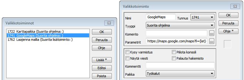 Valikkotoiminnot Valikkotoimintojen avulla voi lisätä valikoihin usein toistuvia toimintoja (lue formaatilla, talleta formaatilla, suorita ohjelman sisäinen toiminto parametrein tai lisä/aputoiminto