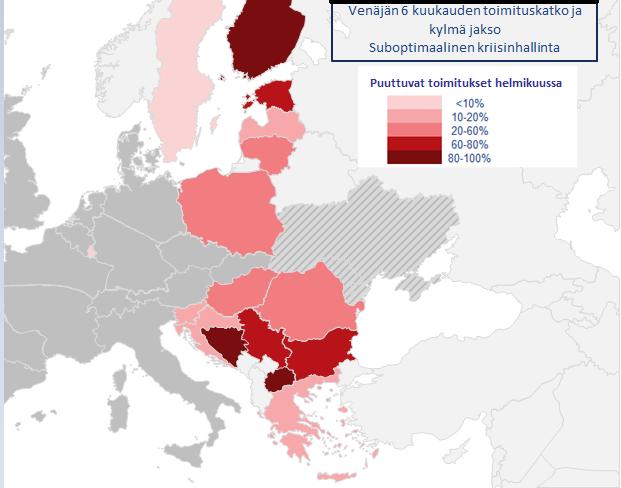 Kuva 3 Kartat todennäköisistä toimituskatkoksista ennen kansallisia lisätoimenpiteitä helmikuussa Venäjän kuuden kuukauden kaasun toimitushäiriötä