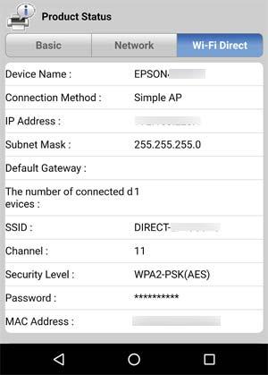 Ongelmien ratkaiseminen Laitteen tilasivu Web Config -hallintanäkymässä Käynnistä selain verkkoon liitetyssä laitteessa ja avaa Web Config kirjoittamalla IP-osoite Wi-Fi Direct (Simple AP) -kohtaan.