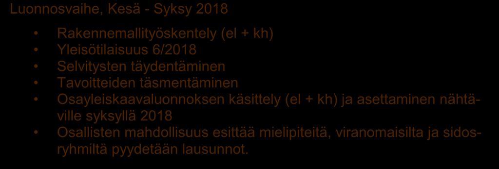 Rakennemallityöskentely (el + kh) Yleisötilaisuus 6/2018 Selvitysten täydentäminen Tavoitteiden täsmentäminen Osayleiskaavaluonnoksen käsittely (el + kh) ja asettaminen