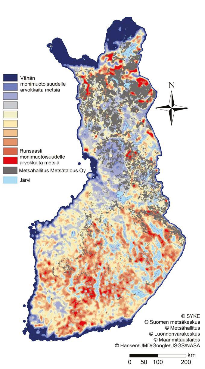 Kuva 14. Monimuotoisuudelle arvokkaat metsäalueet Suomessa vuonna 2018 tehdyn Zonation-analyysin perusteella.
