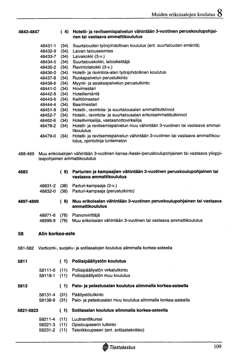 Muiden erikoisalojen koulutus 4843-4847 ( 4) Hotelli- ja ravitsemispalvelun vähintään 3-vuotinen peruskoulupohjainen tai vastaava ammattikoulutus 48431-1 (34) Suurtalouden työnjohdollinen koulutus