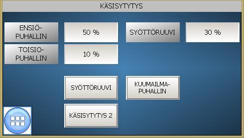 Sytytyksen valinta KÄSISYTYTYS Näyttöön tulee sivu, jolla on mahdollista manuaalisesti ajaa syöttöruuvia ja laittaa ensiö- ja toisiopuhallin päälle.