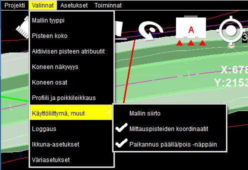 = Mallin +korkeus mittauspisteen kohdassa Murtoviivat aktiiviselle maastomallille = Mallin taiteviivojen näyttäminen Valinnat --> Käyttöliittymä, muut --> Aseta halutessasi käyttöön