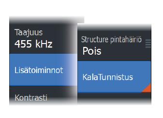 FishReveal Kun näkymäasetukseksi on määritetty Down, valitse lisävalikosta FishReveal, jotta saat kalakaaret näkyviin DownScan-kuvassa.