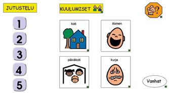 Ilmausten avulla käyttäjä houkuttelee kuulijaa osallistumaan kerrontaan. Isossa taulustossa on kaksi viiden ilmauksen sarjaa ja pienten taulustossa on yksi.