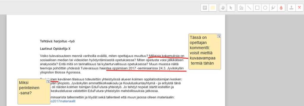 Opettaja arvioi tehtävän 2(2) Opettaja voi lisätä pdf- tai word-tiedostoon omia merkintöjä (annotointi) mm.