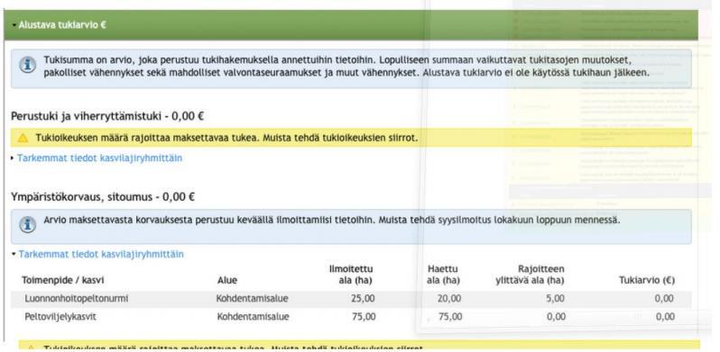 Alustava tukiarvio Tukiarvion lisäksi osiosta löytyy erilaisia tarkisteita pinta-aloihin