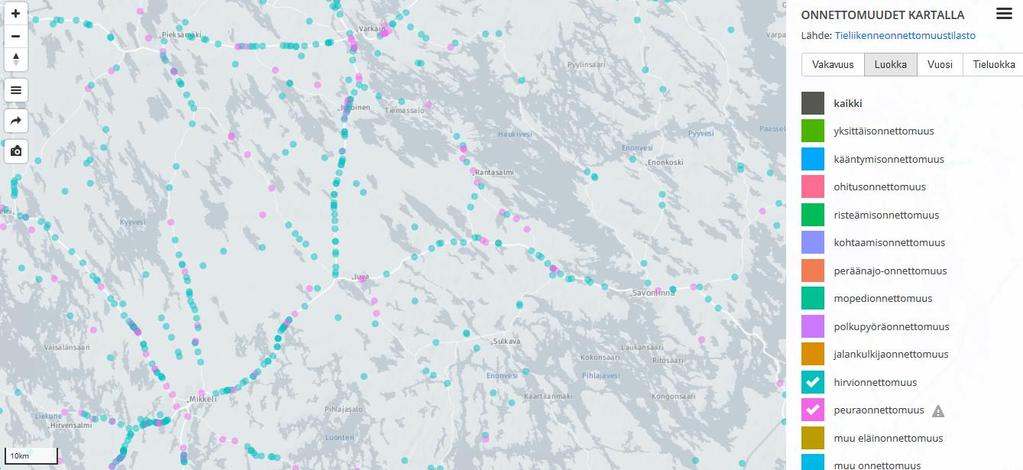 Hirvieläinonnettomuudet kartalla: http://apps.strafica.