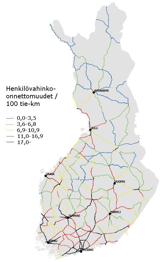 13 Kuva 4. Henkilövahinko-onnettomuuksien onnettomuustiheys vuonna 2015 (muokattu lähteestä Liikennevirasto 2016). Kuva 5.