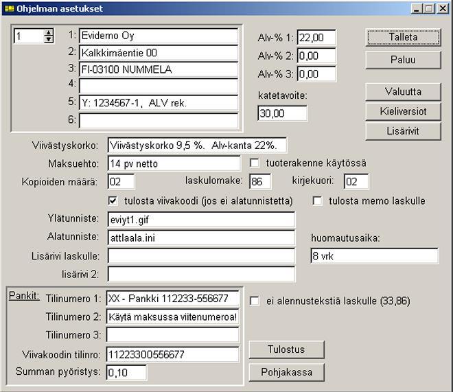 Asetuksien rastilla voidaan valita, lisätäänkö ja tulostetaanko em. lisälaskurivi automaattisesti huomautuslaskuille vai ei. Huomautuslaskuihin tulostuu vakiolaskun Memo-kentän sisällön sijasta ns.