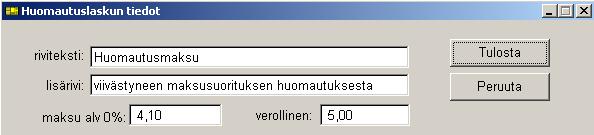Tekstin muotoilu ei apuikkunan kentässä välttämättä näy aivan samanlaisena kuin huomautuslaskun tulosteessa, koska apuikkunan leveys on pienempi kuin ao. todellisen tulostusalueen leveys.