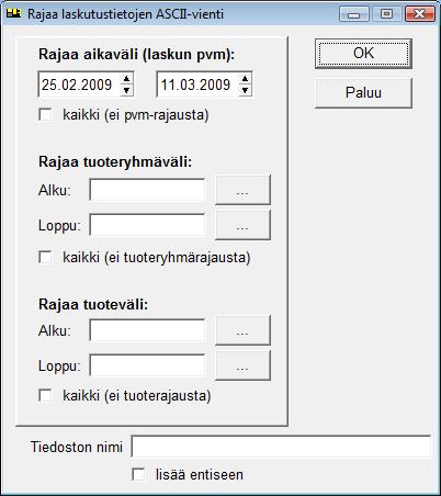 4.17 LASKURIVIEN VIENTI ULKOISEEN TIEDOSTOON Atlas-Standard -laskutusohjelmassa on toiminto, jolla laskurivit voi viedä ulkoiseen ascii-tiedostoon.