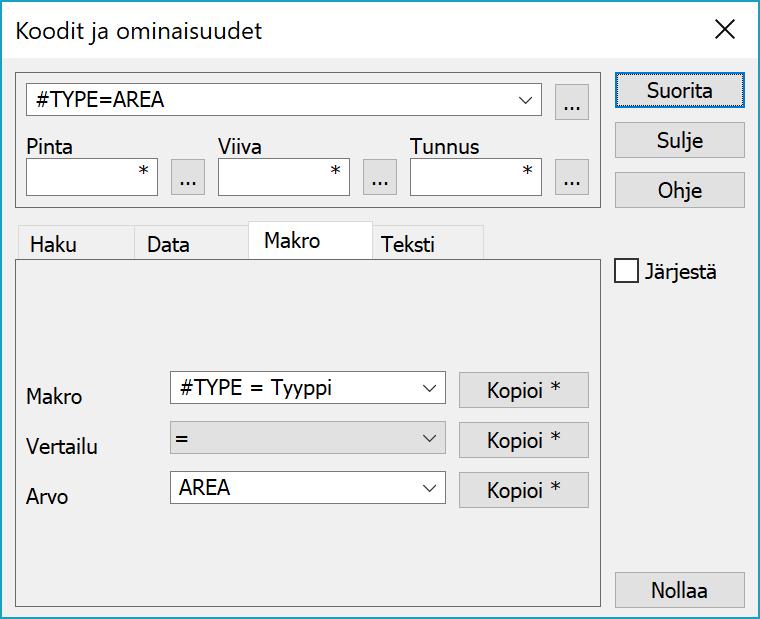 Ominaisuushaku ja pisteryhmä Makrot ovat käytettävissä myös ominaisuushaussa ja niiden arvoja voidaan sijoittaa ominaisuuksiin pisteryhmän avulla.