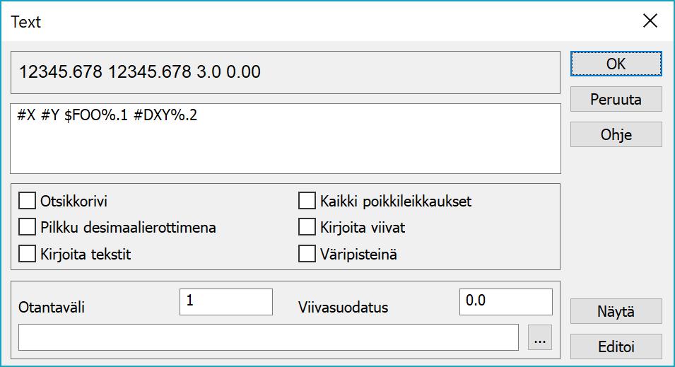 Tekstiformaatti Makroja voidaan kirjoittaa tekstiformaatilla. Piste- ja viivamakrot toimivat normaaleja pisterivejä kirjoitettaessa. Viivapisteille makroa haetaan ensin pisteeltä ja sitten viivalta.