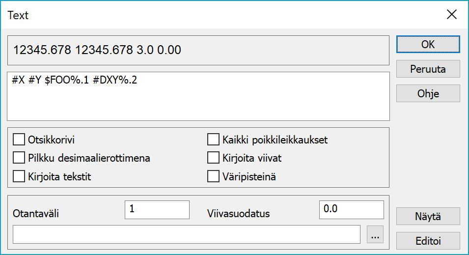 Tekstiformaatti Makroja voidaan kirjoittaa tekstiformaatilla. Piste- ja viivamakrot toimivat normaaleja pisterivejä kirjoitettaessa. Viivapisteille makroa haetaan ensin pisteeltä ja sitten viivalta.