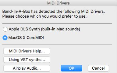 1. Käytettävä MIDI-ajuri Valitse "MacOS X CoreMIDI" ja paina "OK" 2.