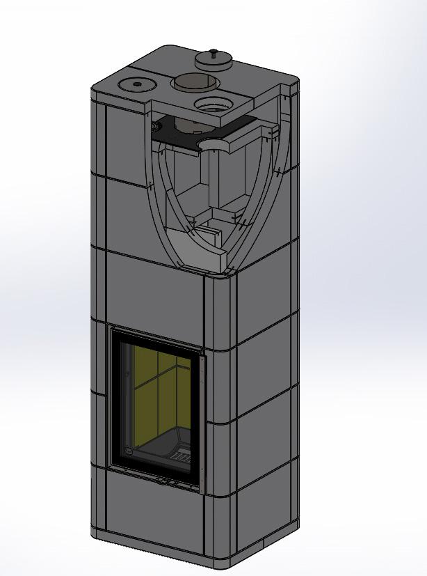 D) Model with side channel, flue connection at the bottom.