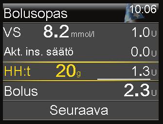 1 Verensokerin tavoitearvo Esiasetus on 5,6 5,6 mmol/l, mutta käyttäjä on asettanut tavoitteeksi 4,4 5,4 mmol/l.