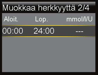 Anna Muokkaa herkkyyttä -näytössä oma insuliiniherkkyyssuhdelukusi. Voit asettaa korkeintaan kahdeksan eri herkkyyssuhdetta eri ajanjaksoille. Jaksojen tulee kattaa vuorokausi (24 tuntia).