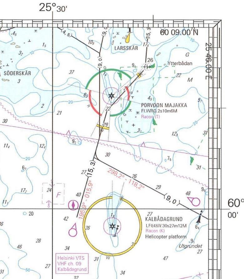 7. Merkintäpaikkasi on 60 03,0 N 025 28,0 E. Ohjaat kompassisuuntaan 178 nopeuden ollessa 6 solmua. Kello 10.00 suunnit pääkompassilla Porvoon merimajakan kompassisuuntimassa 037 ja kello 10.