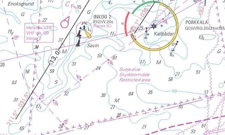 5. Merkintäpaikkasi on 59 47,2 N 024 03,7 E. Ohjaat kompassisuuntaan 062 nopeuden ollessa 6 solmua. Kello 14.30 suunnit Porkkalan merimajakan keulakulmassa 045 vasemmalla ja kello 15.