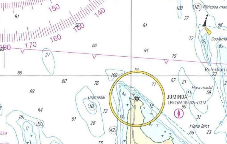 6. Merkintäpaikkasi on 59 43,0 N 025 38,0 E. Ohjaat kompassisuuntaan 231 nopeuden ollessa 6 solmua. Kello 16.00 suunnit pääkompassilla Jumindan merimajakan kompassisuuntimassa 191 ja kello 17.