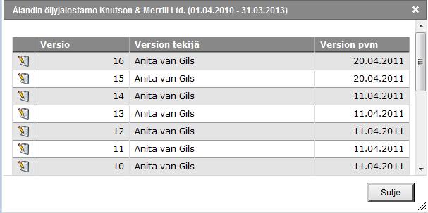 18/30 27. Näyttökuva: Toimintasuunnitelman versiot listataan uusimmasta vanhimpaan. Version voi avata sellaisena kuin se alun perin oli. Mitään tietoja ei voi kuitenkaan muuttaa. 3.
