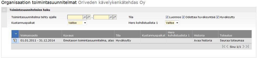 Toimintasuunnitelmat listalla näytetään yhden organisaation toimintasuunnitelmat. Toimintasuunnitelmia voi hakea voimassaolon, tilan tai kohdistuslistan perusteella.