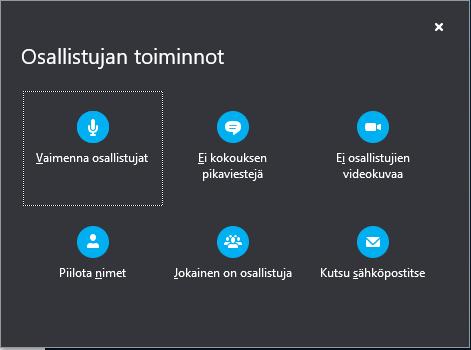Liittyminen osallistujan näkökulmasta Osallistujat-välilehdeltä näkyvät nykyisen kokouksen osallistujat ja heidän tilansa.