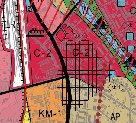 Alue on myös osa Kaupunki- tai kyläkuvallisesti arvokasta aluetta (musta ruudukko). Kuva 4. Ote maakuntakaavan tarkistuksen ehdotuksesta.