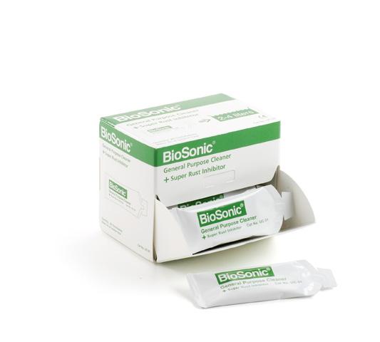 BioSonic UC31, Yksittäispakattu 20 15 ml Yleispuhdistusneste + ruosteenestoaine Tiivistettä 0,4 % käytetään ultraäänikylpyyn laimennetuna yhteensä 76 litraa.