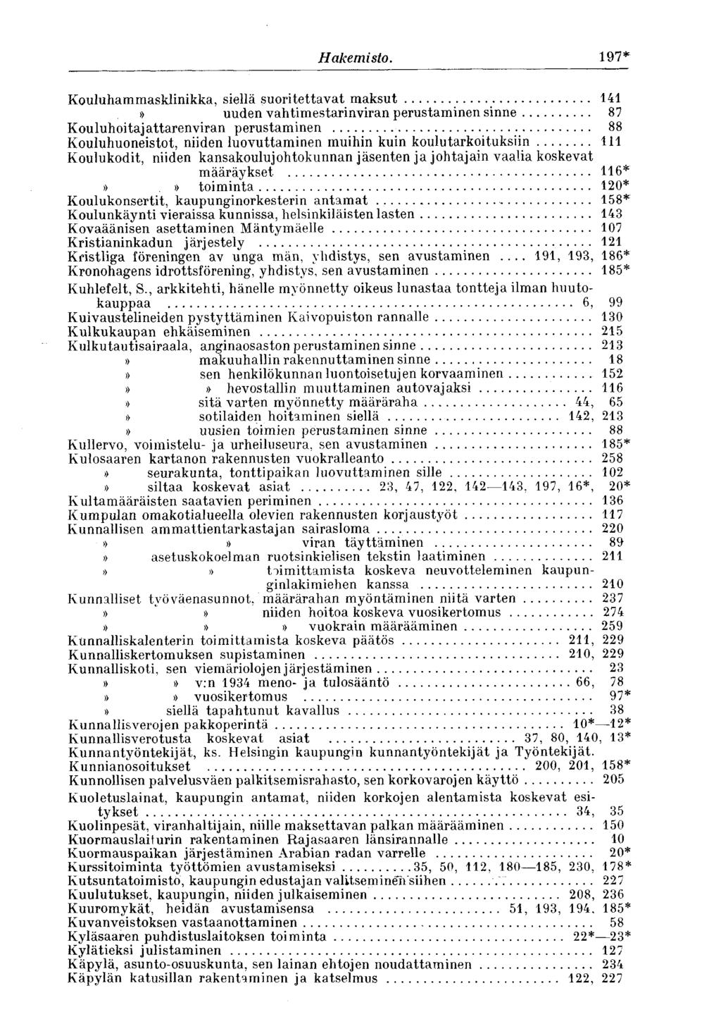 Hakemisto. 197* Kouluhammasklinikka, siellä suoritettavat maksut 141» uuden vahtimestarinviran perustaminen sinne 87 Kouluhoitajattarenviran perustaminen.