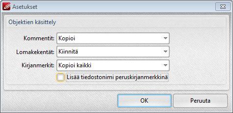 ..) pääset määrittämään, kopioidaanko esimerkiksi tiedostojen kommentit yhdistettyyn dokumenttiin. 5. Muokkaa tarvittaessa tiedostojen järjestystä ja napsauta lopuksi OK.