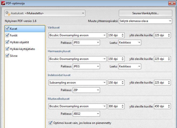 Tiedostojen hallinta 113 Ohjelman PDF Optimizer avulla voit tallentaa tiedostosta version, jonka kokoa